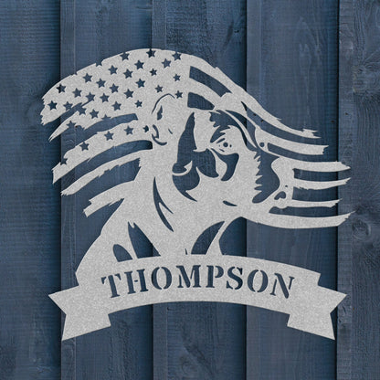 Patriotic Pitbull: Custom Metal Wall Art with American Flag - BullyBellyMetal Sign