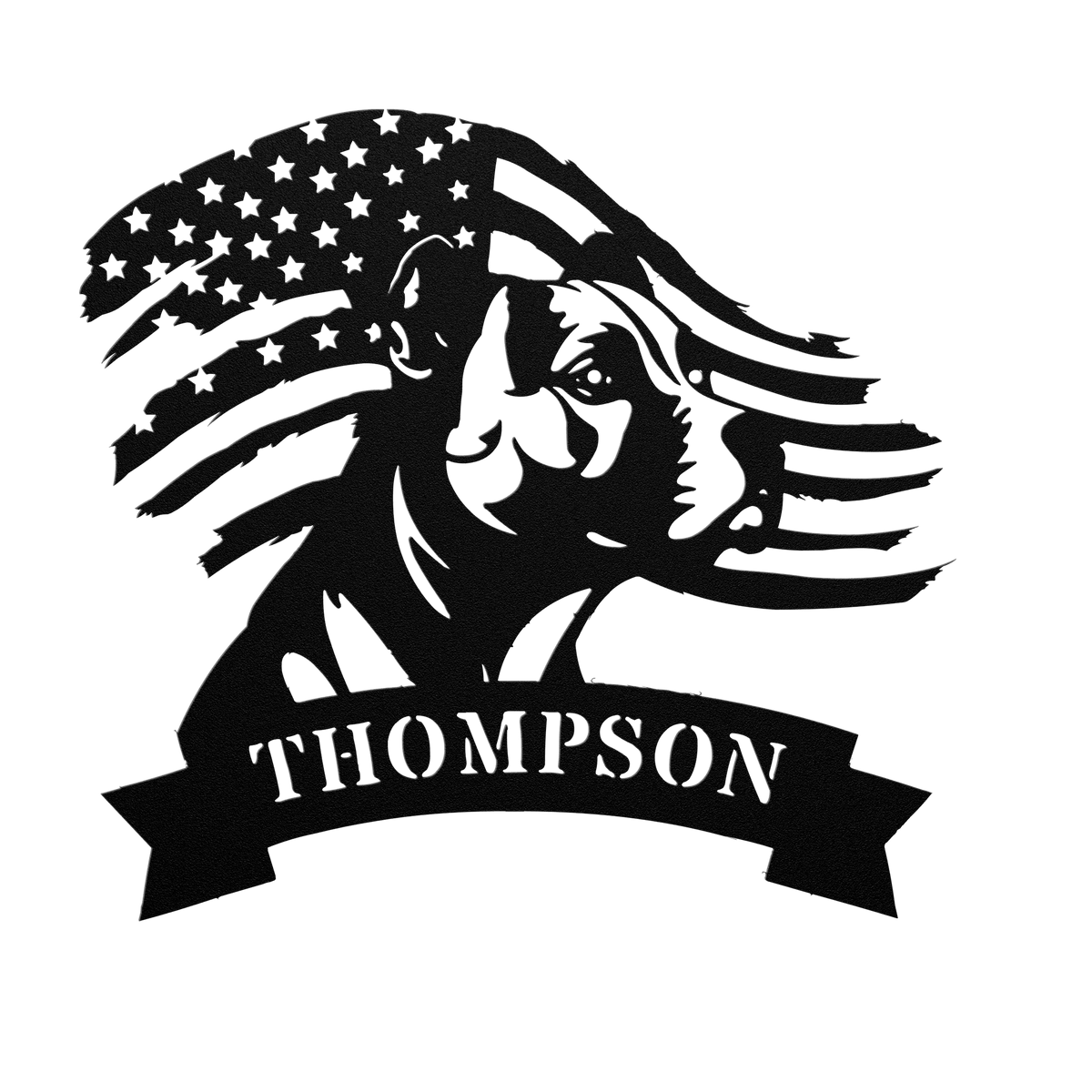 Patriotic Pitbull: Custom Metal Wall Art with American Flag - BullyBellyMetal Sign
