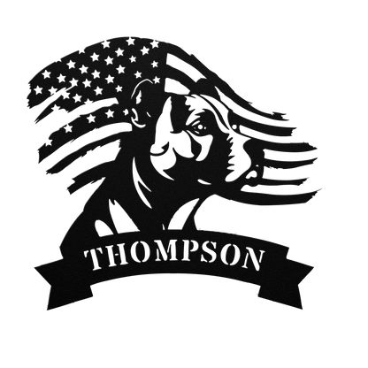 Patriotic Pitbull: Custom Metal Wall Art with American Flag - BullyBellyMetal Sign
