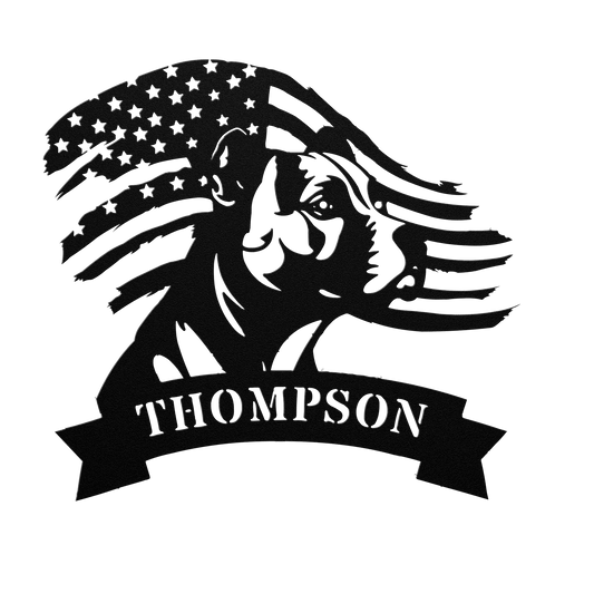 Patriotic Pitbull: Custom Metal Wall Art with American Flag - BullyBellyMetal Sign