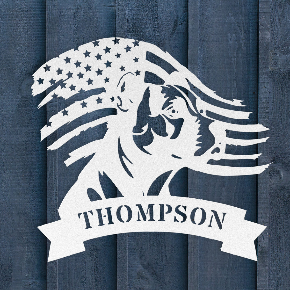 Patriotic Pitbull: Custom Metal Wall Art with American Flag - BullyBellyMetal Sign