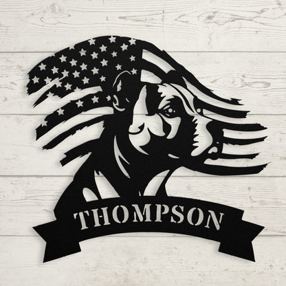 Patriotic Pitbull: Custom Metal Wall Art with American Flag - BullyBellyMetal Sign