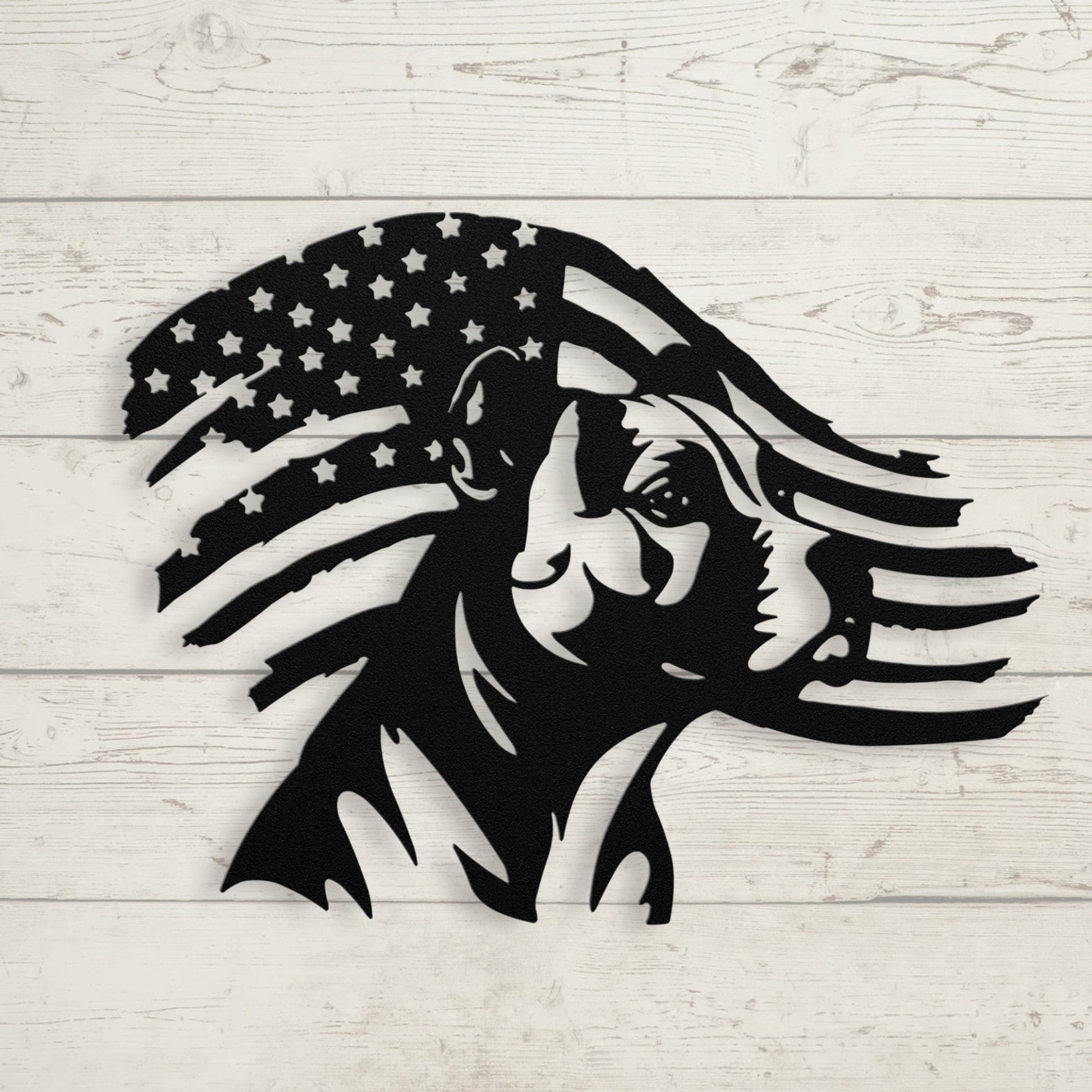 Patriotic Pitbull: Custom Metal Wall Art with American Flag - BullyBellyMetal Sign