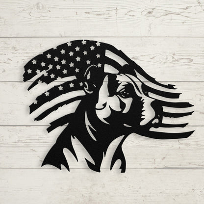 Patriotic Pitbull: Custom Metal Wall Art with American Flag - BullyBellyMetal Sign