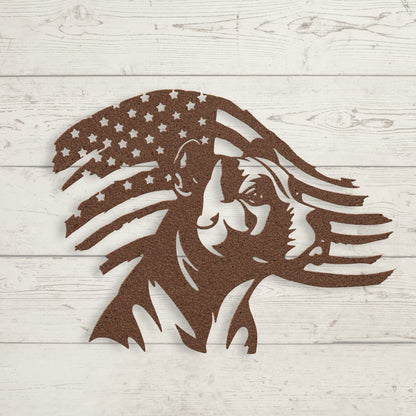 Patriotic Pitbull: Custom Metal Wall Art with American Flag - BullyBellyMetal Sign