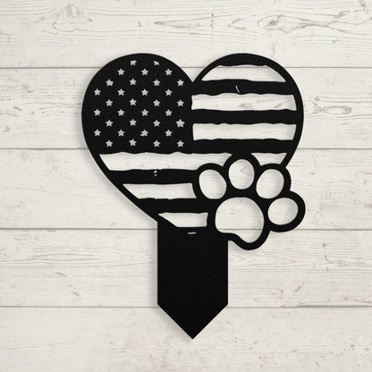 Paws & Patriotism: Rustic Flag Heart Lawn Art - BullyBellyMetal Sign