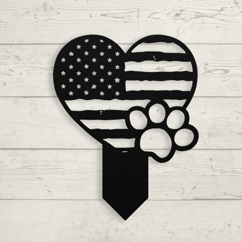 Paws & Patriotism: Rustic Flag Heart Lawn Art - BullyBellyMetal Sign
