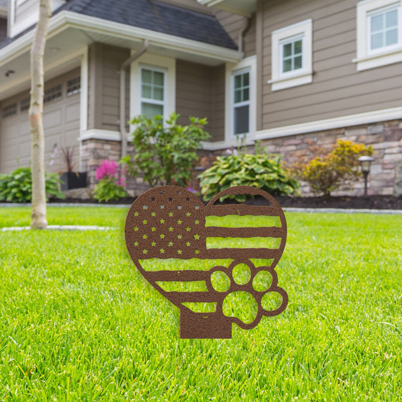 Paws & Patriotism: Rustic Flag Heart Lawn Art - BullyBellyMetal Sign