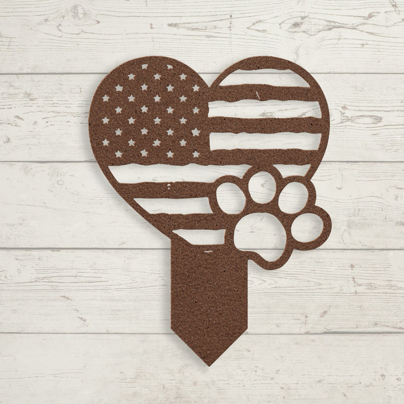 Paws & Patriotism: Rustic Flag Heart Lawn Art - BullyBellyMetal Sign