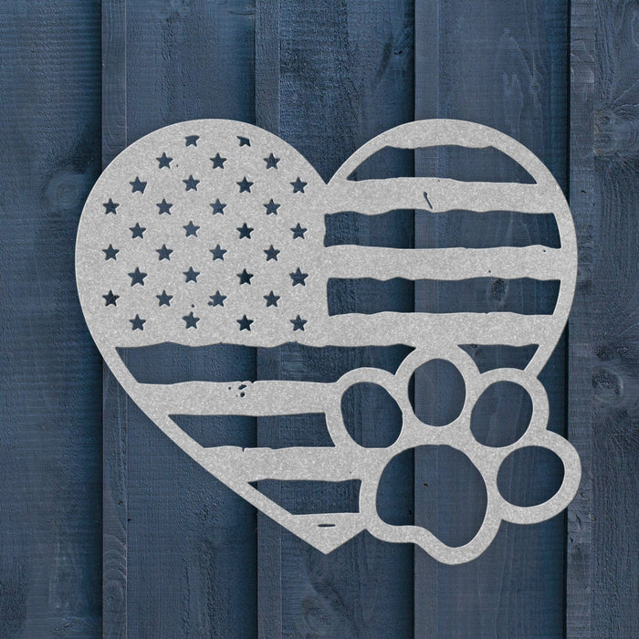 Paws & Patriotism: Rustic Flag Heart Metal Art - BullyBellyWall Art