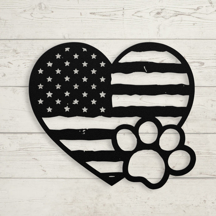 Paws & Patriotism: Rustic Flag Heart Metal Art - BullyBellyWall Art