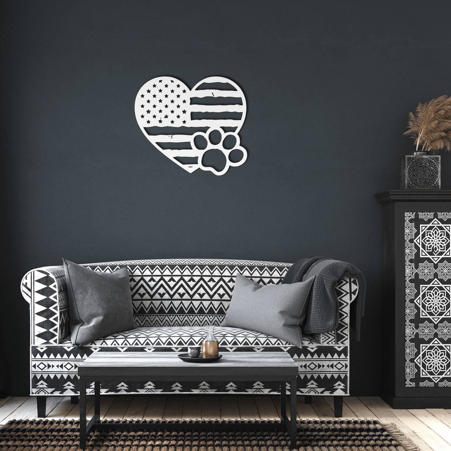 Paws & Patriotism: Rustic Flag Heart Metal Art - BullyBellyMetal Sign