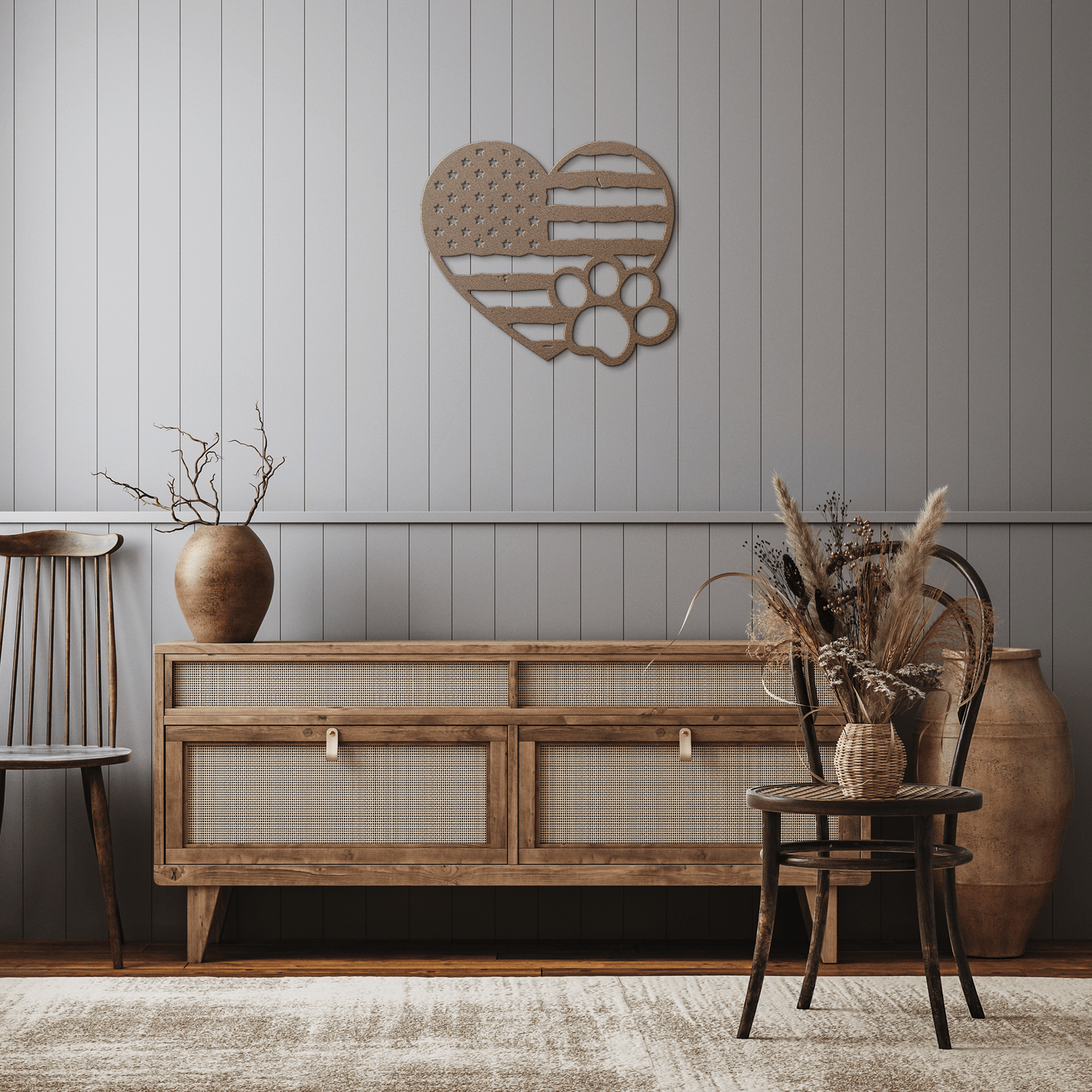 Paws & Patriotism: Rustic Flag Heart Metal Art - BullyBellyMetal Sign