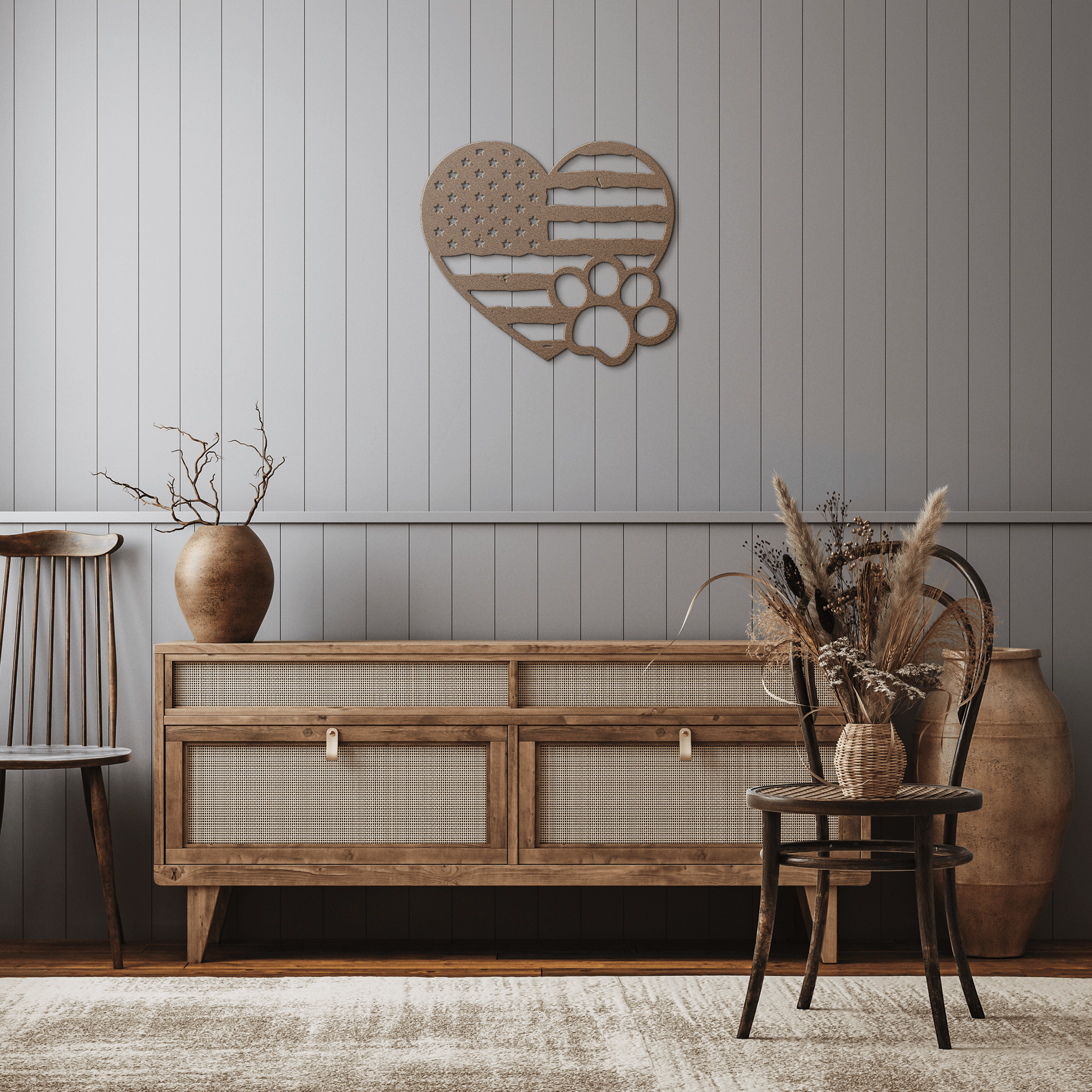 Paws & Patriotism: Rustic Flag Heart Metal Art - BullyBellyMetal Sign