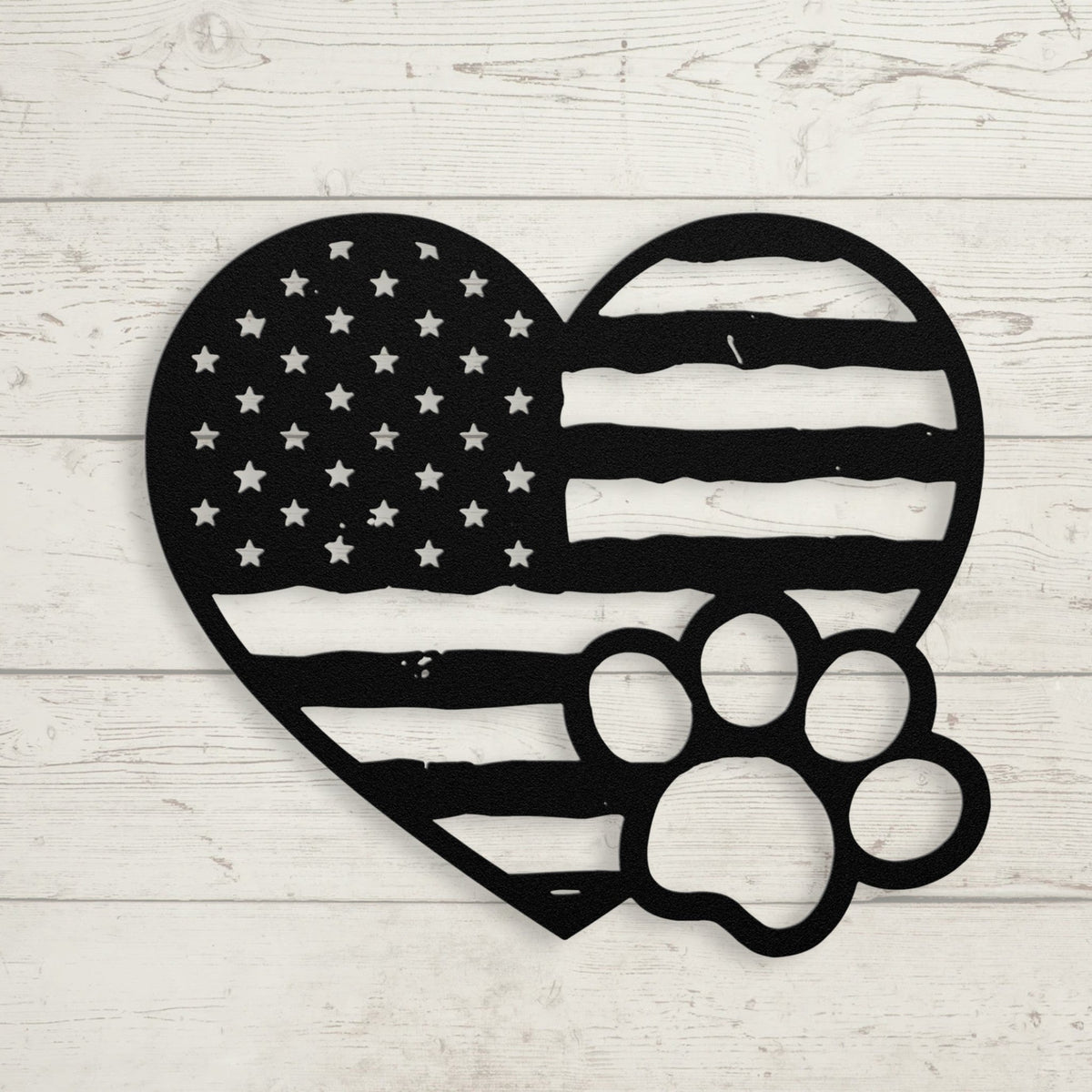 Paws & Patriotism: Rustic Flag Heart Metal Art - BullyBellyMetal Sign
