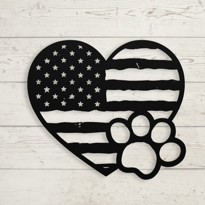 Paws & Patriotism: Rustic Flag Heart Metal Art - BullyBellyMetal Sign