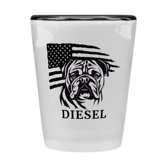 Personalized English Bulldog American Flag Shot Glass – Custom Name - BullyBellyDrinkware