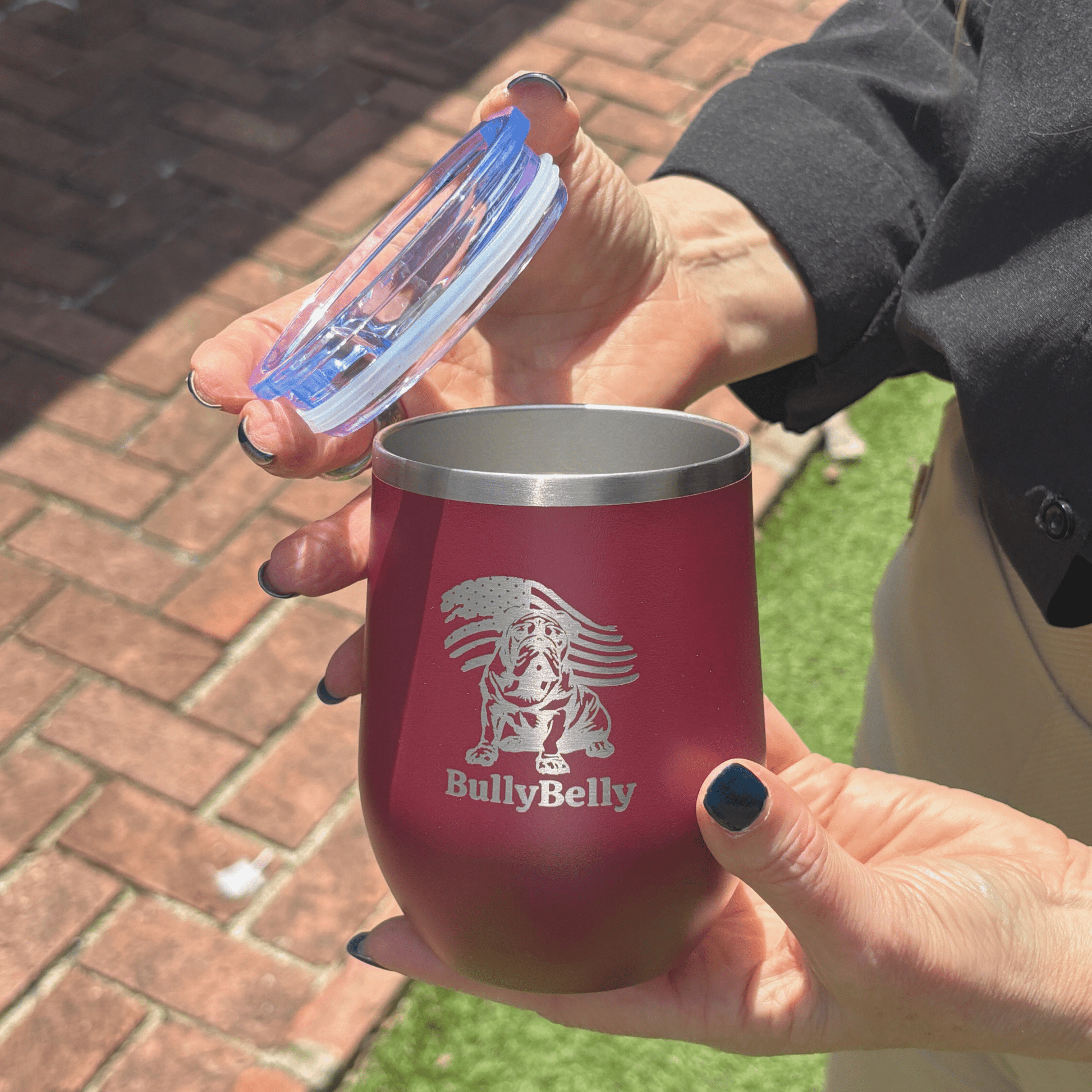 Personalized Patriotic English Bulldog 12oz Insulated Wine Tumbler – Stainless Steel Stemless Cup - BullyBellyTumblers