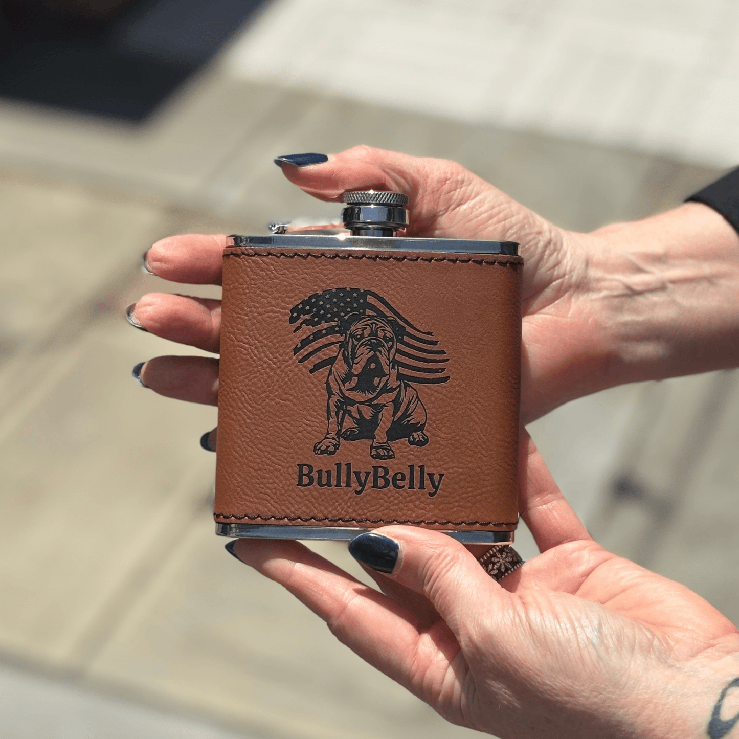 Personalized Patriotic English Bulldog 6oz Flask – Leatherette Wrapped Pocket Flask with Laser Engraving - BullyBellyDrinkware