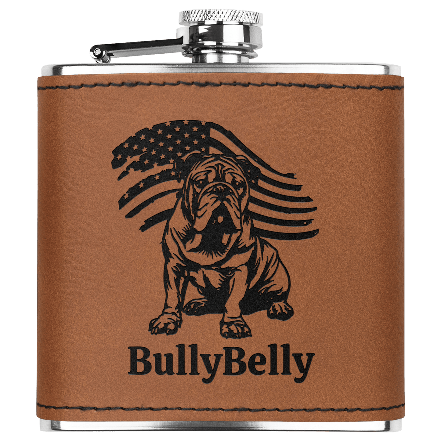 Personalized Patriotic English Bulldog 6oz Flask – Leatherette Wrapped Pocket Flask with Laser Engraving - BullyBellyDrinkware