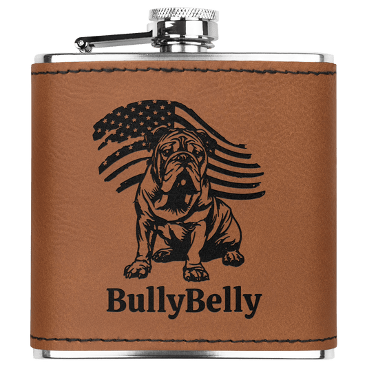 Personalized Patriotic English Bulldog 6oz Flask – Leatherette Wrapped Pocket Flask with Laser Engraving - BullyBellyDrinkware