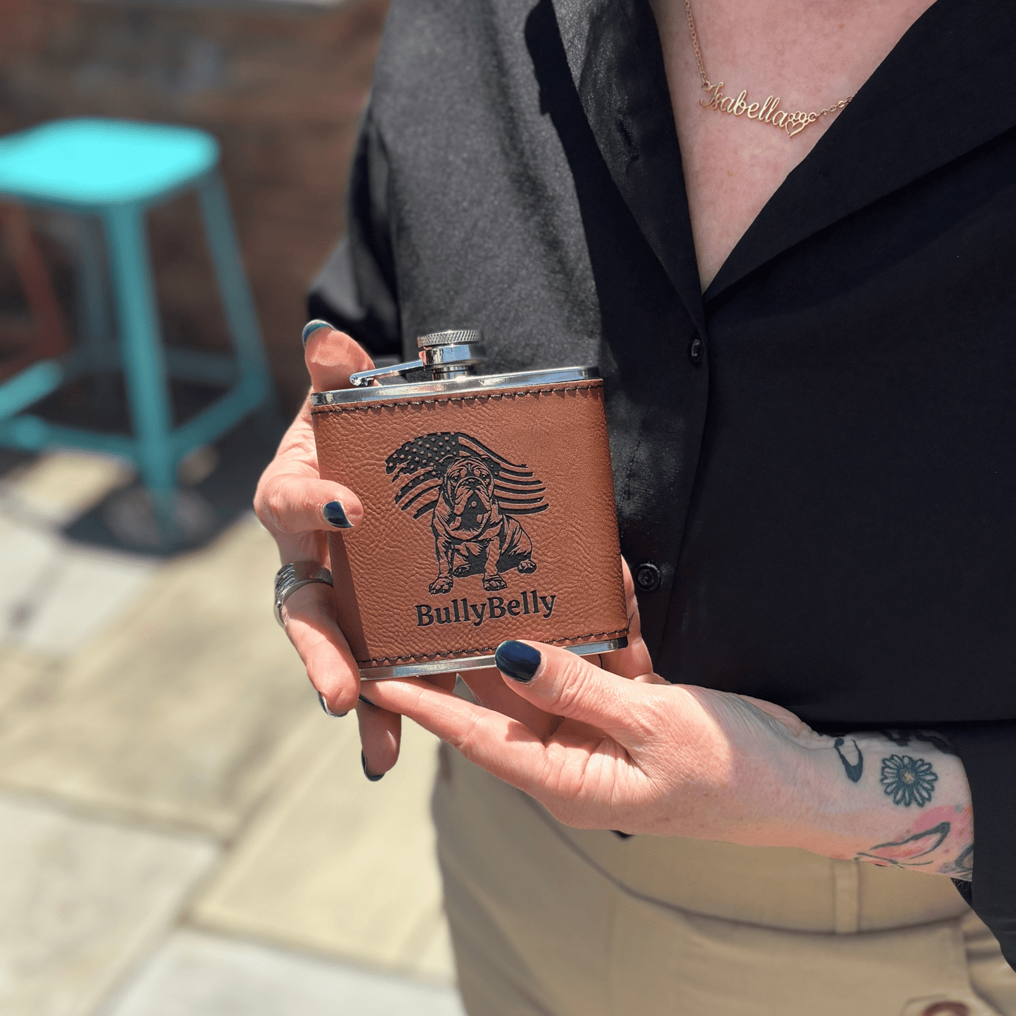 Personalized Patriotic English Bulldog 6oz Flask – Leatherette Wrapped Pocket Flask with Laser Engraving - BullyBellyDrinkware