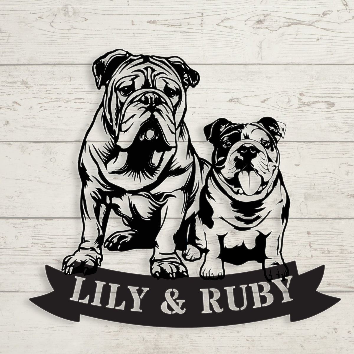 Sibling Paws: English Bulldog Duo Metal Wall Art - BullyBellyMetal Sign