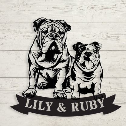 Sibling Paws: English Bulldog Duo Metal Wall Art - BullyBellyMetal Sign