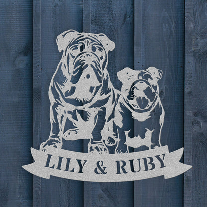 Sibling Paws: English Bulldog Duo Metal Wall Art - BullyBellyMetal Sign