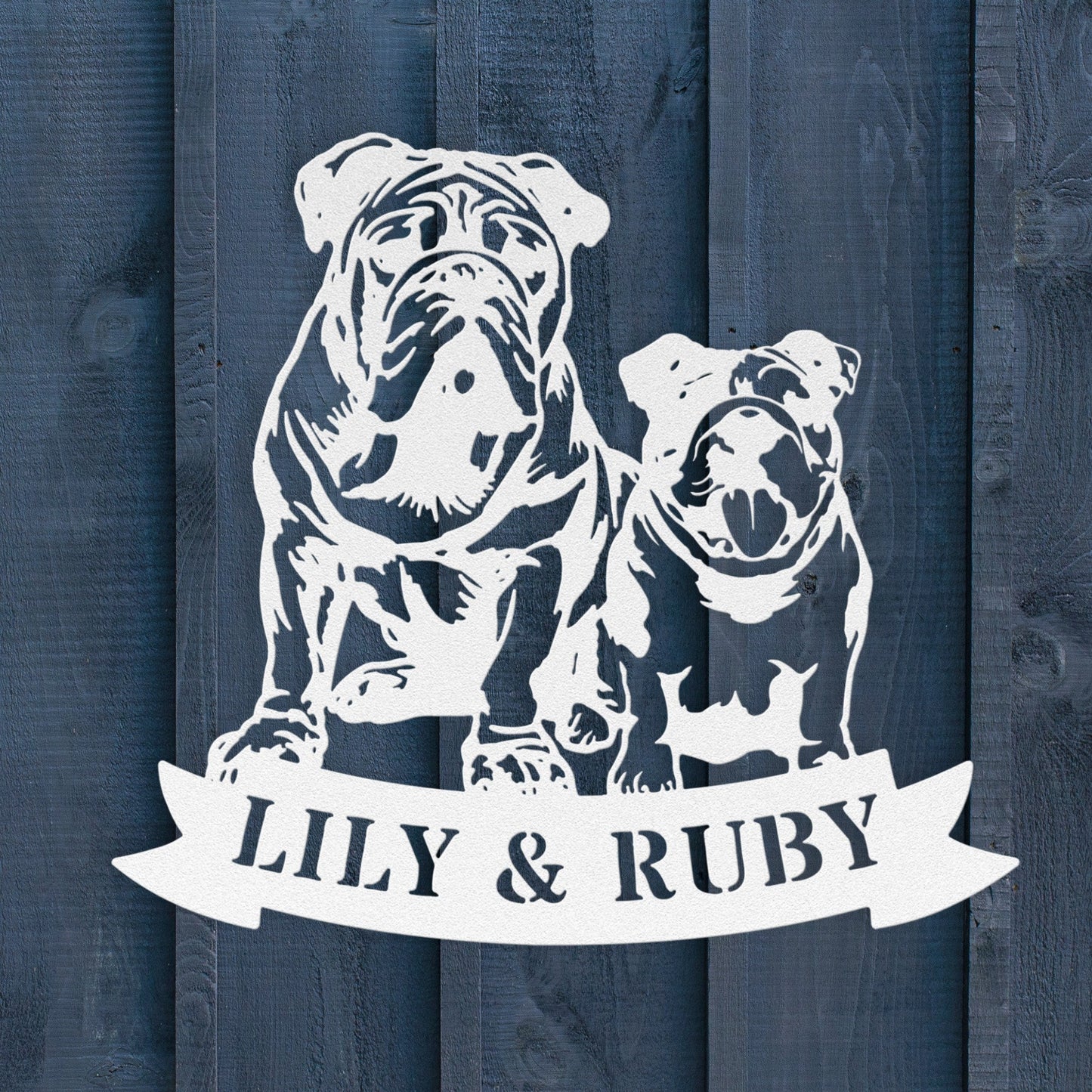 Sibling Paws: English Bulldog Duo Metal Wall Art - BullyBellyMetal Sign