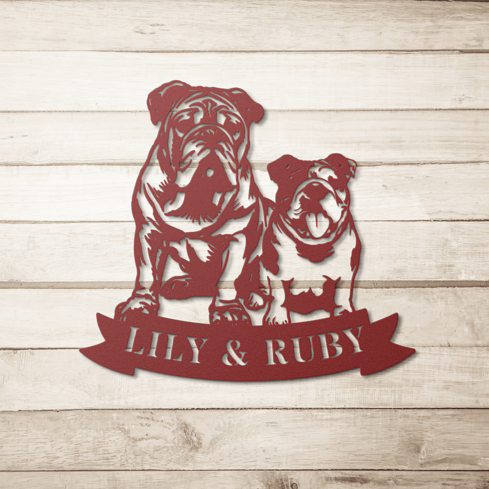Sibling Paws: English Bulldog Duo Metal Wall Art - BullyBellyMetal Sign
