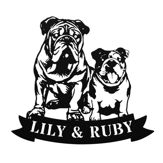 Sibling Paws: English Bulldog Duo Metal Wall Art - BullyBellyMetal Sign