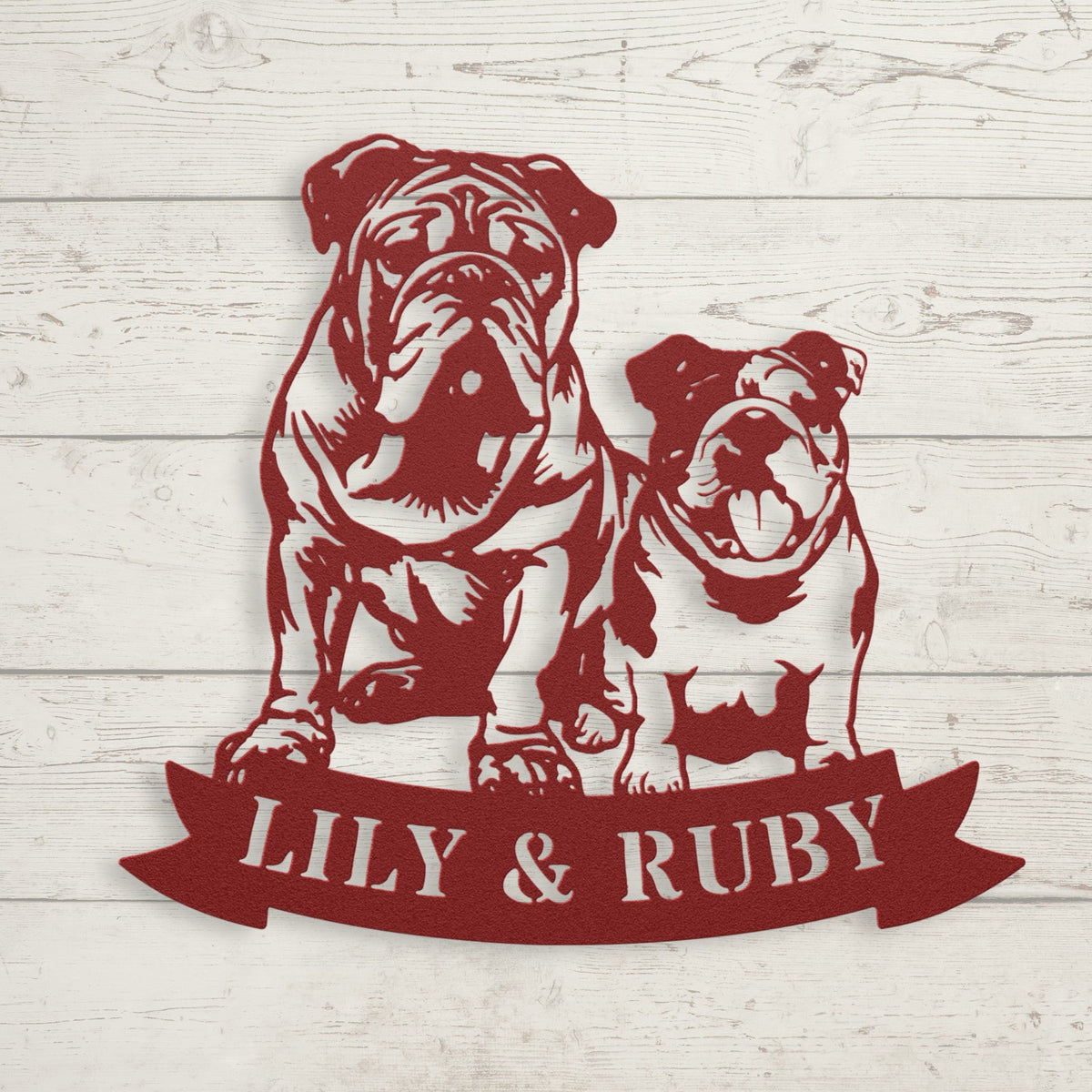 Sibling Paws: English Bulldog Duo Metal Wall Art - BullyBellyMetal Sign
