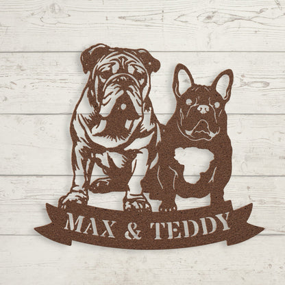 Step Brothers Forever: English and French Bulldog Duo Metal Wall Sign - BullyBellyMetal Sign