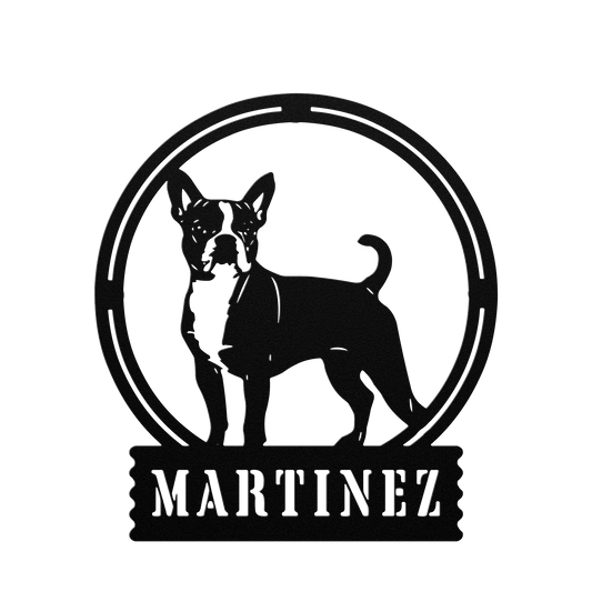 Terrier Charm: Personalized Boston Terrier Sign - BullyBellyMetal Sign