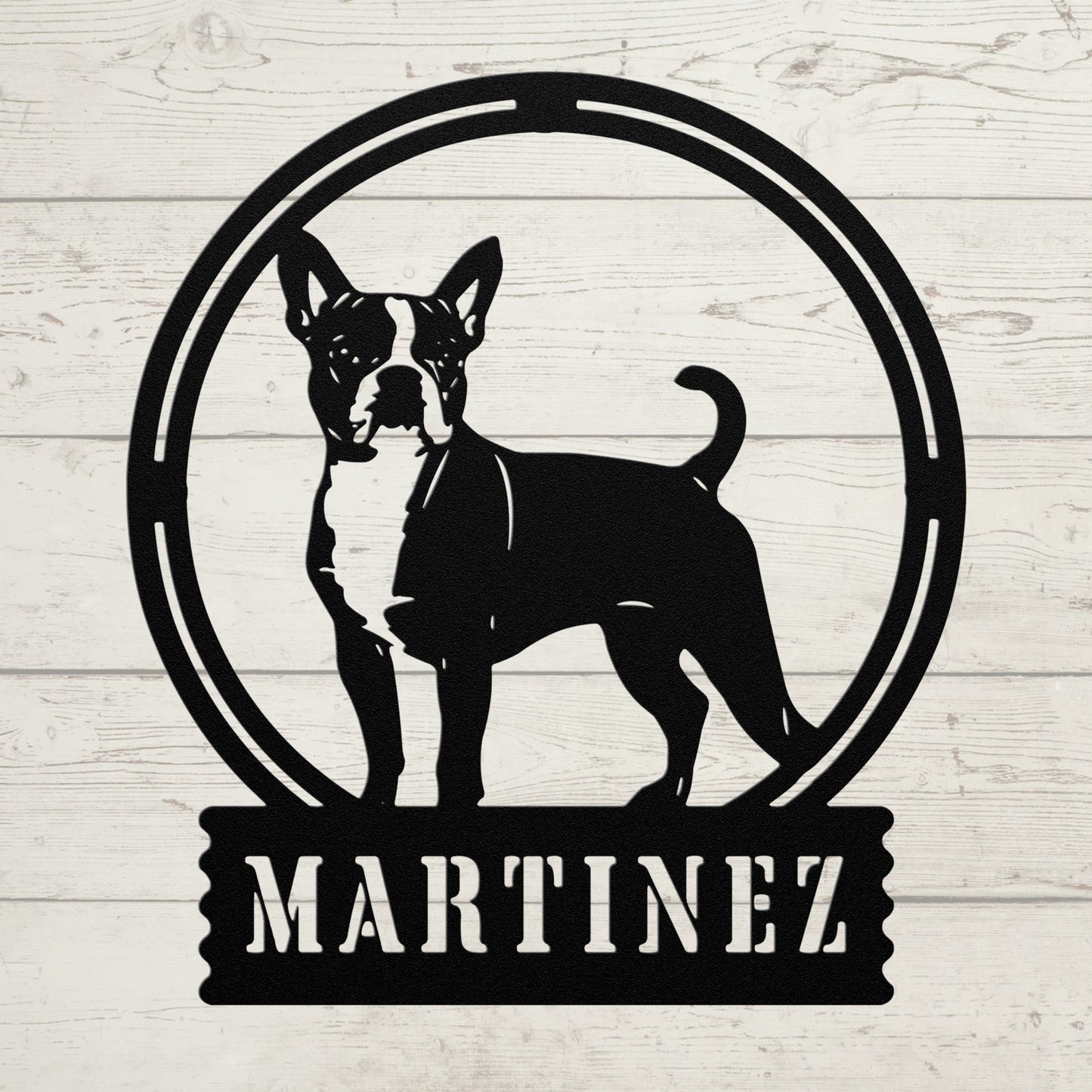 Terrier Charm: Personalized Boston Terrier Sign - BullyBellyMetal Sign