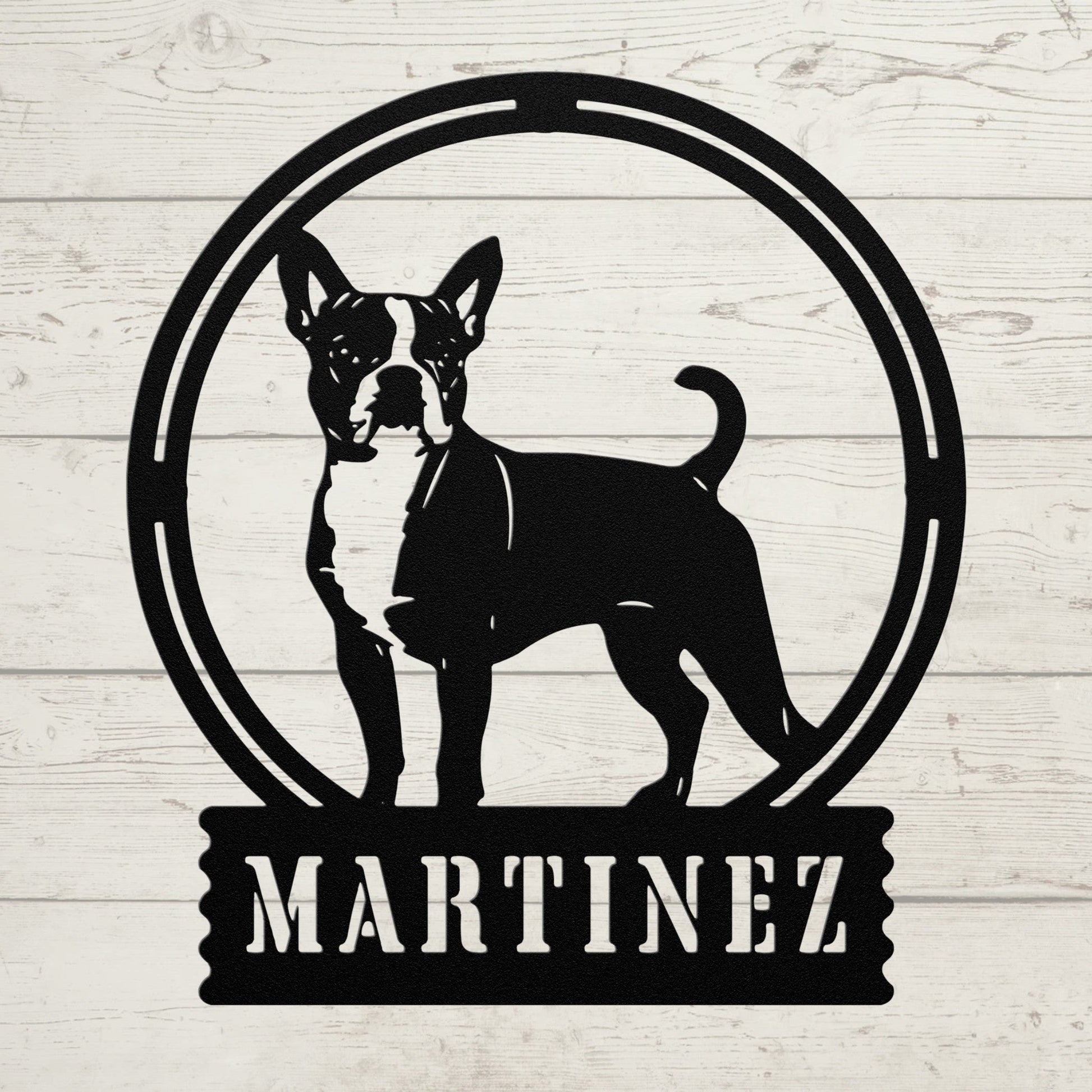 Terrier Charm: Personalized Boston Terrier Sign - BullyBellyMetal Sign