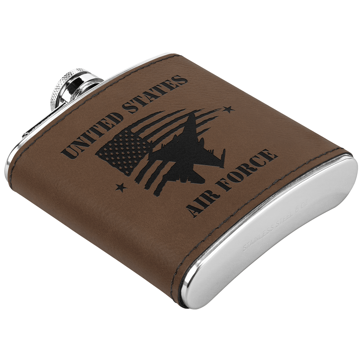 U.S. Air Force 6oz Flask – Laser Engraved Stainless Steel Pocket Flask with Rawhide Leatherette Wrap - BullyBellyDrinkware