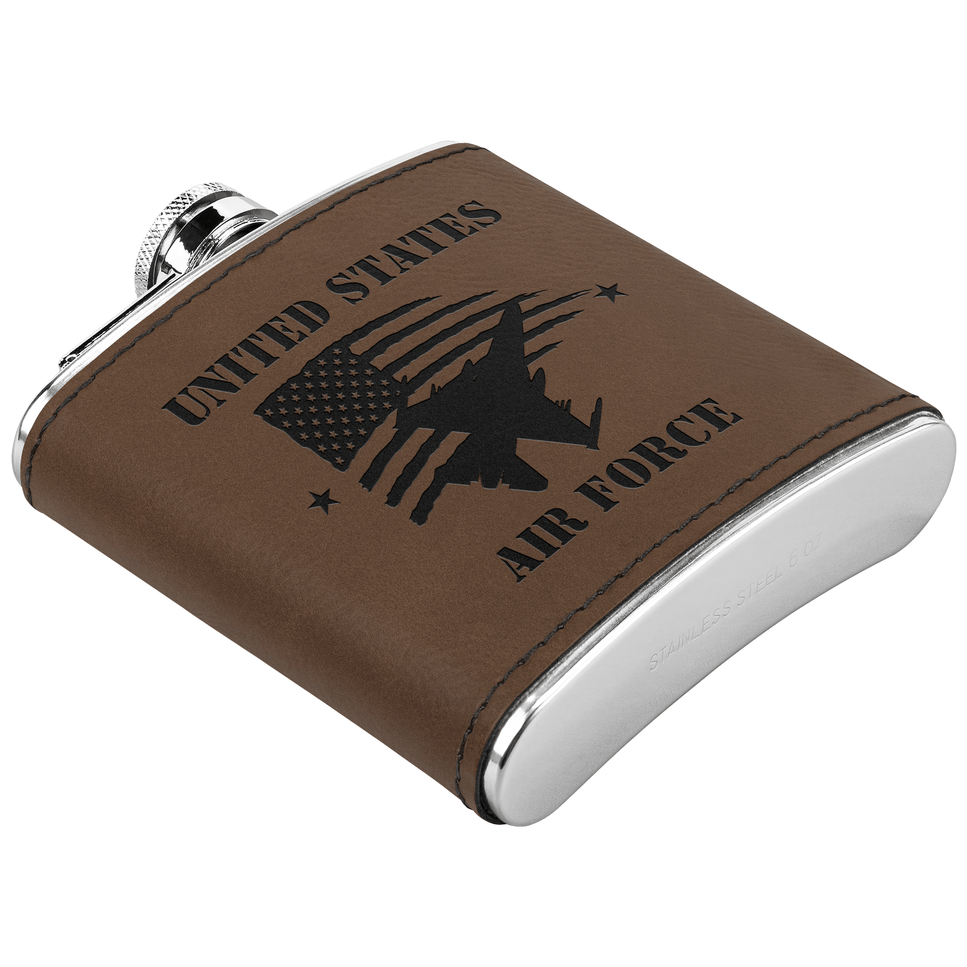 U.S. Air Force 6oz Flask – Laser Engraved Stainless Steel Pocket Flask with Rawhide Leatherette Wrap - BullyBellyDrinkware