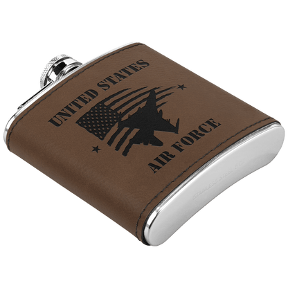 U.S. Air Force 6oz Flask – Laser Engraved Stainless Steel Pocket Flask with Rawhide Leatherette Wrap - BullyBellyDrinkware