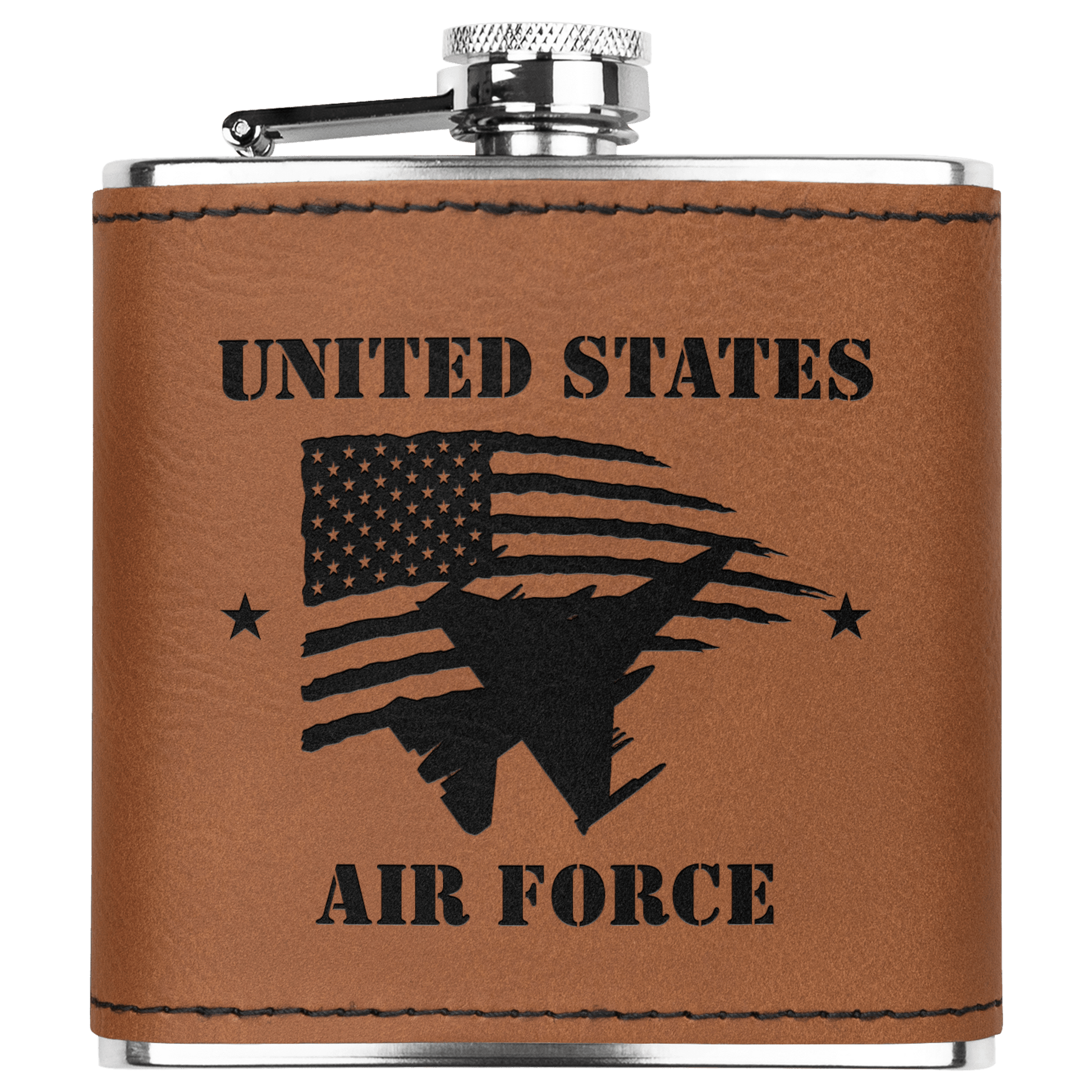 U.S. Air Force 6oz Flask – Laser Engraved Stainless Steel Pocket Flask with Rawhide Leatherette Wrap - BullyBellyDrinkware