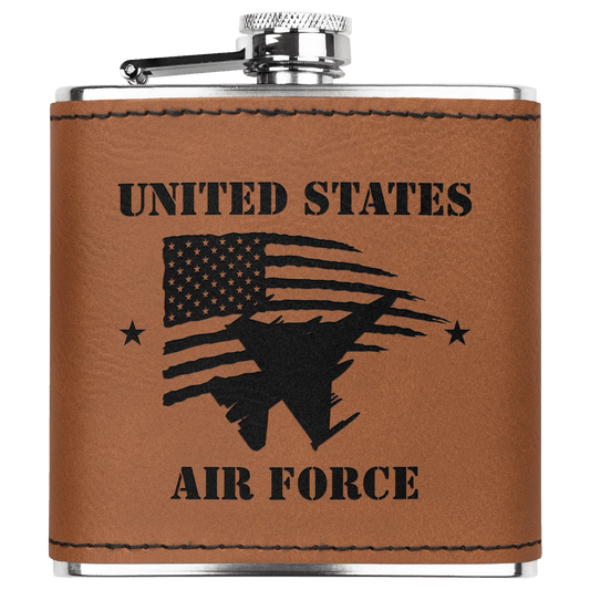 U.S. Air Force 6oz Flask – Laser Engraved Stainless Steel Pocket Flask with Rawhide Leatherette Wrap - BullyBellyDrinkware
