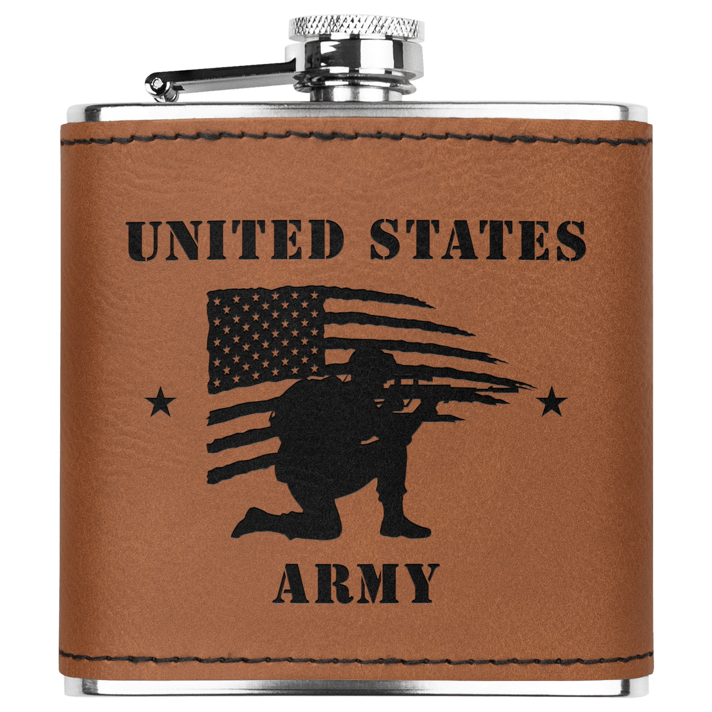 U.S. Army 6oz Flask – Laser Engraved Stainless Steel Pocket Flask with Rawhide Leatherette Wrap - BullyBellyDrinkware