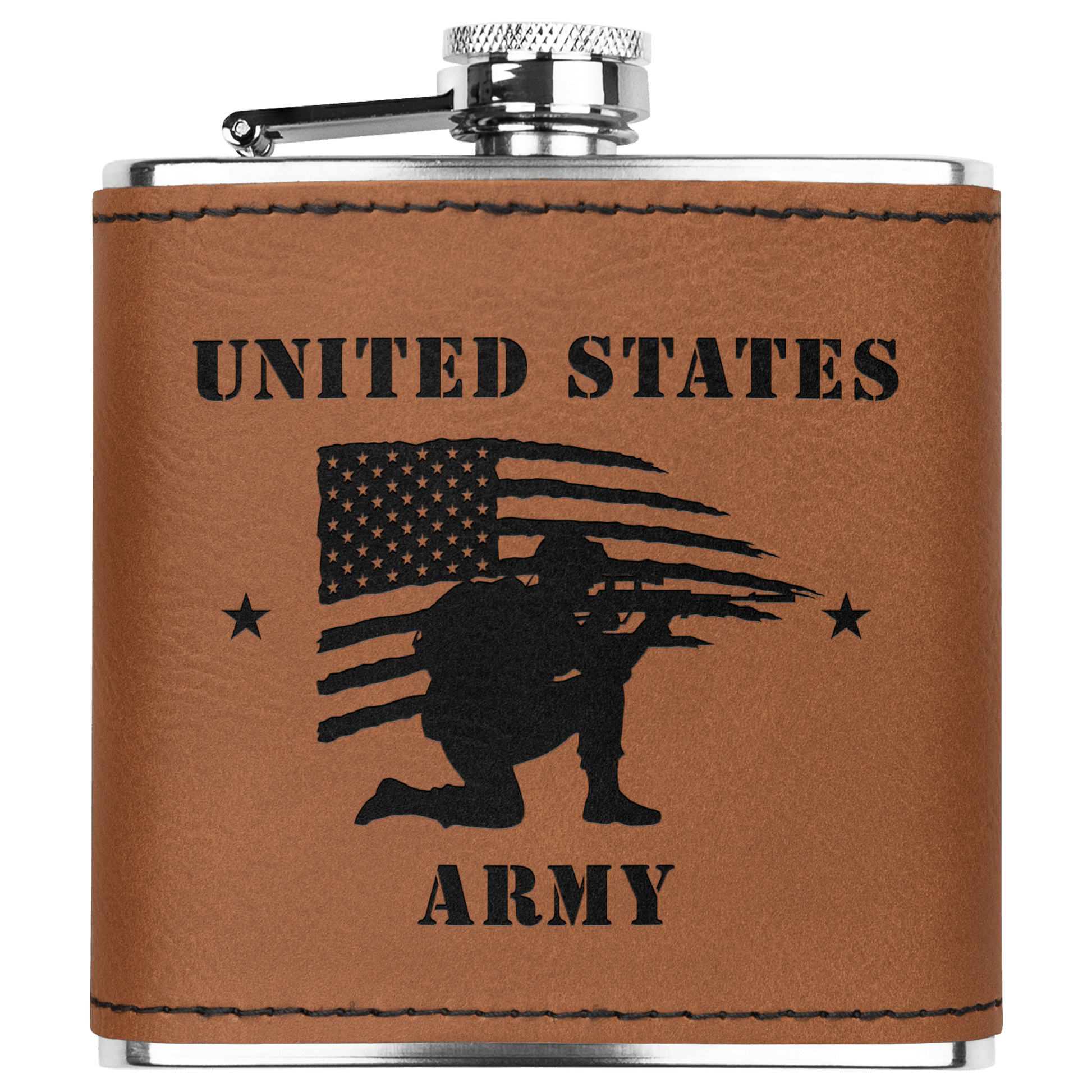 U.S. Army 6oz Flask – Laser Engraved Stainless Steel Pocket Flask with Rawhide Leatherette Wrap - BullyBellyDrinkware