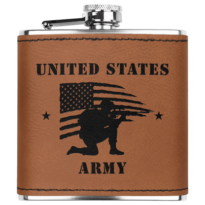 U.S. Army 6oz Flask – Laser Engraved Stainless Steel Pocket Flask with Rawhide Leatherette Wrap - BullyBellyDrinkware