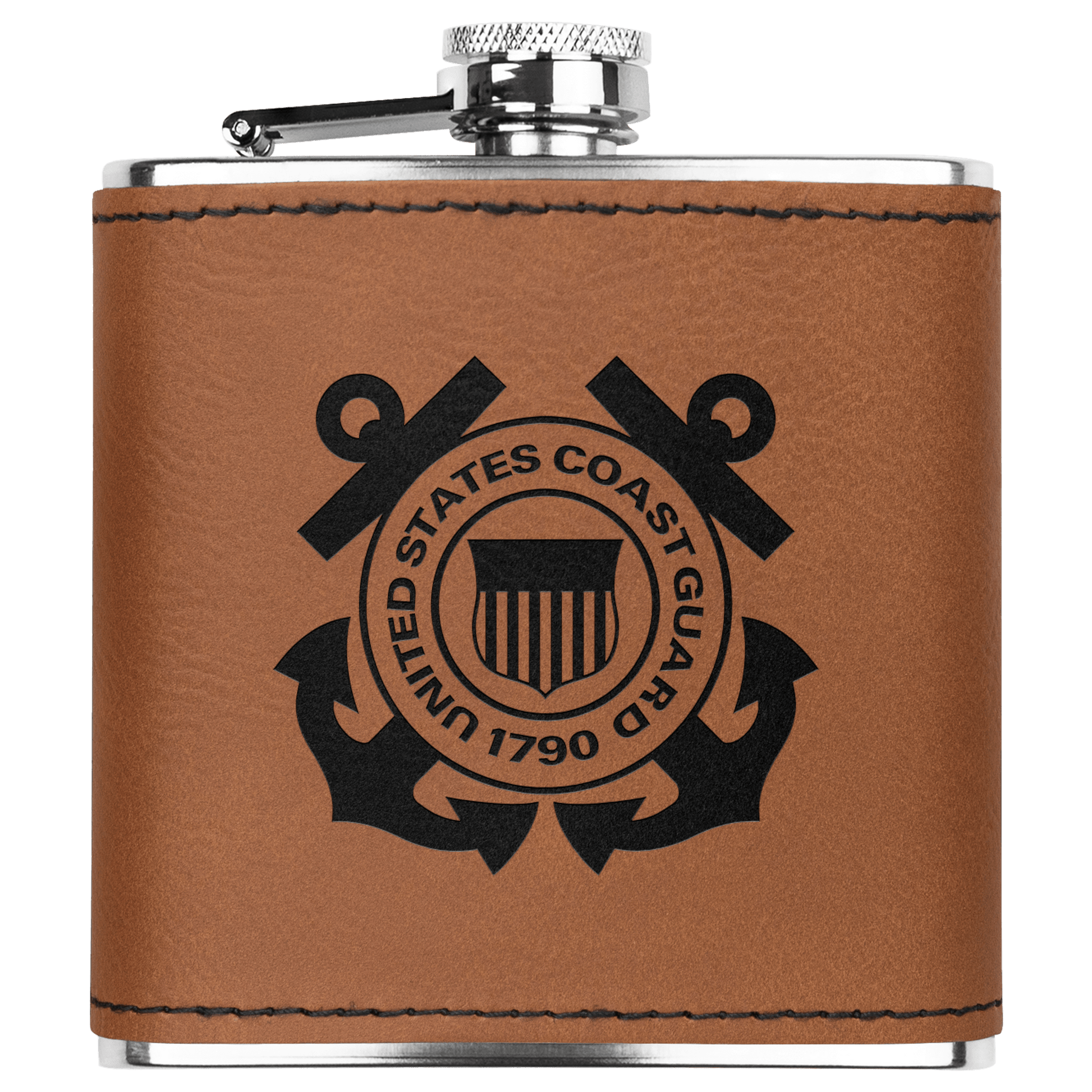 U.S. Coast Guard 6oz Flask – Laser Engraved Stainless Steel Pocket Flask with Rawhide Leatherette Wrap - BullyBellyDrinkware