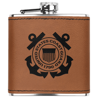 U.S. Coast Guard 6oz Flask – Laser Engraved Stainless Steel Pocket Flask with Rawhide Leatherette Wrap - BullyBellyDrinkware