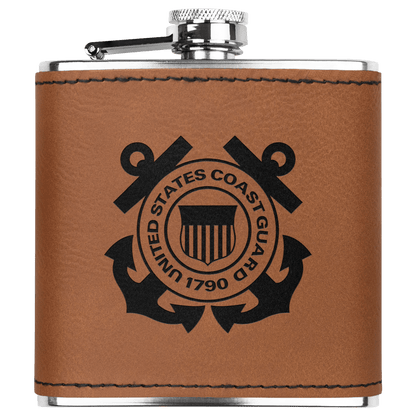U.S. Coast Guard 6oz Flask – Laser Engraved Stainless Steel Pocket Flask with Rawhide Leatherette Wrap - BullyBellyDrinkware