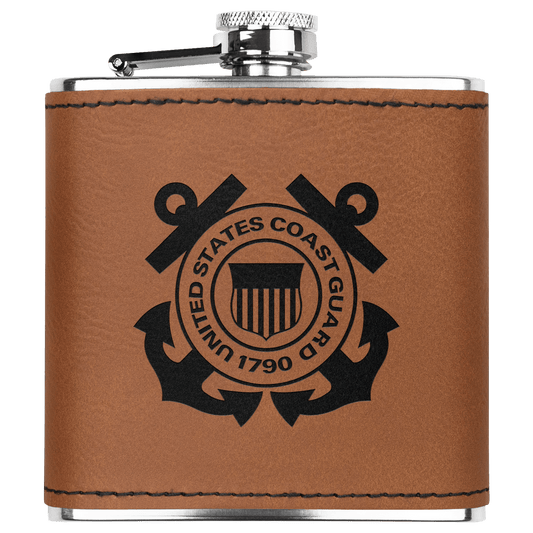U.S. Coast Guard 6oz Flask – Laser Engraved Stainless Steel Pocket Flask with Rawhide Leatherette Wrap - BullyBellyDrinkware
