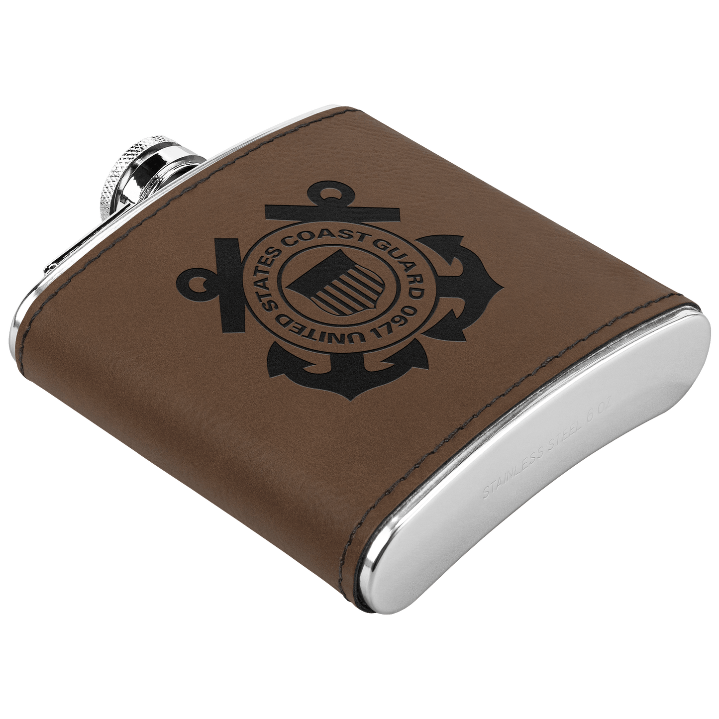 U.S. Coast Guard 6oz Flask – Laser Engraved Stainless Steel Pocket Flask with Rawhide Leatherette Wrap - BullyBellyDrinkware